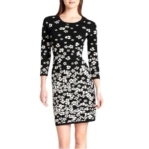 Tommy Hilfiger Sweater Dress Black White Floral Print Stretchy Knit Round Neck